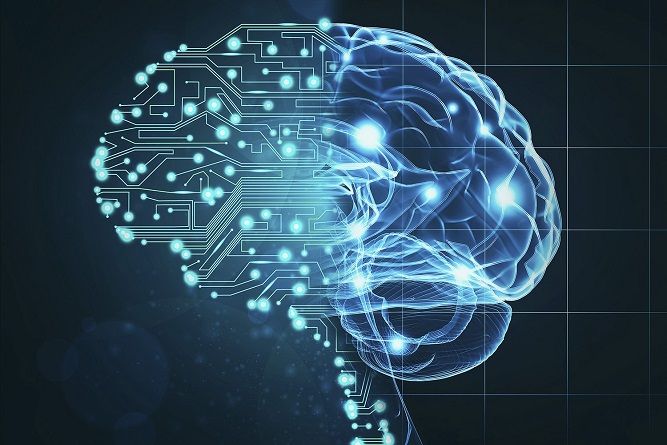 A stylized brain with a digital circuit overlay, representing intelligent computing.